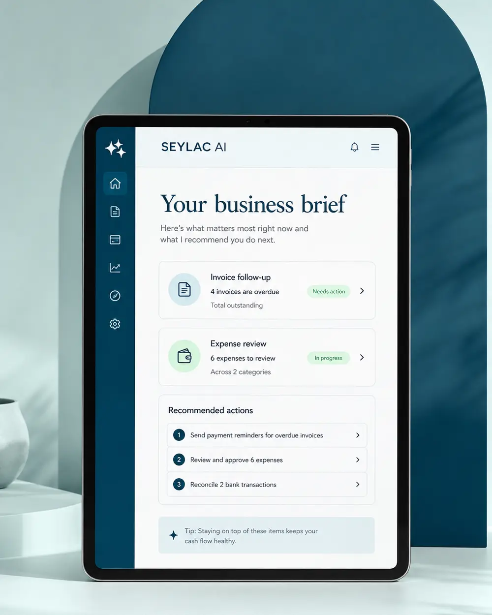 Seylac AI business brief on a tablet
