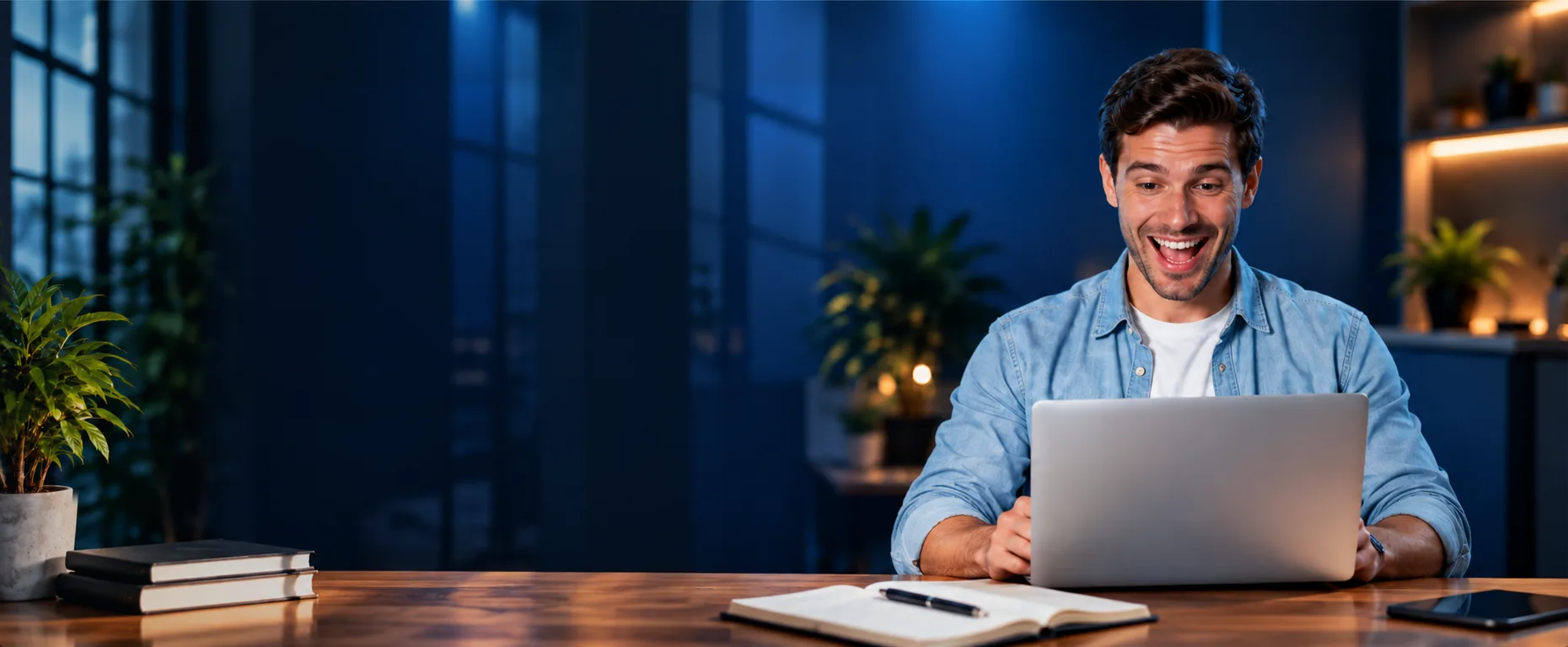 Approved Seylac businessman in a light-blue chambray shirt behind a silver laptop in a midnight-blue office