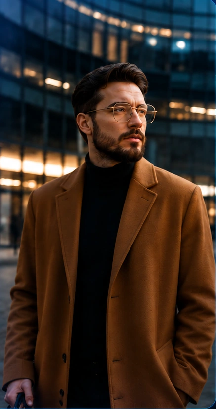 Professional in a camel-colored coat outside a modern office