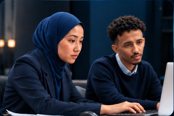 Woman in a navy hijab working with a colleague at a laptop